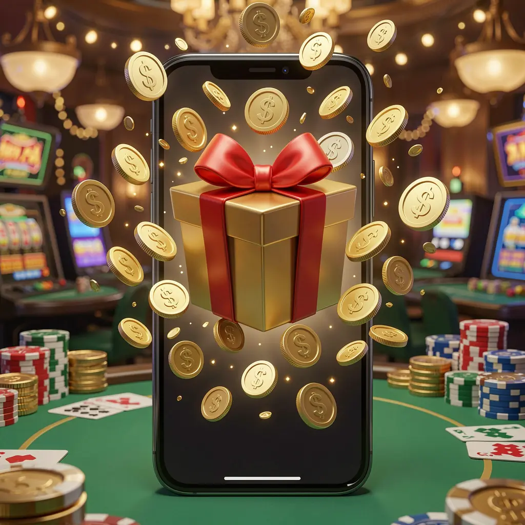 Konsep aplikasi bonus kasino seluler FJ 99 yang menampilkan layar ponsel dengan kotak hadiah dan koin yang meledak keluar dalam suasana kasino meriah