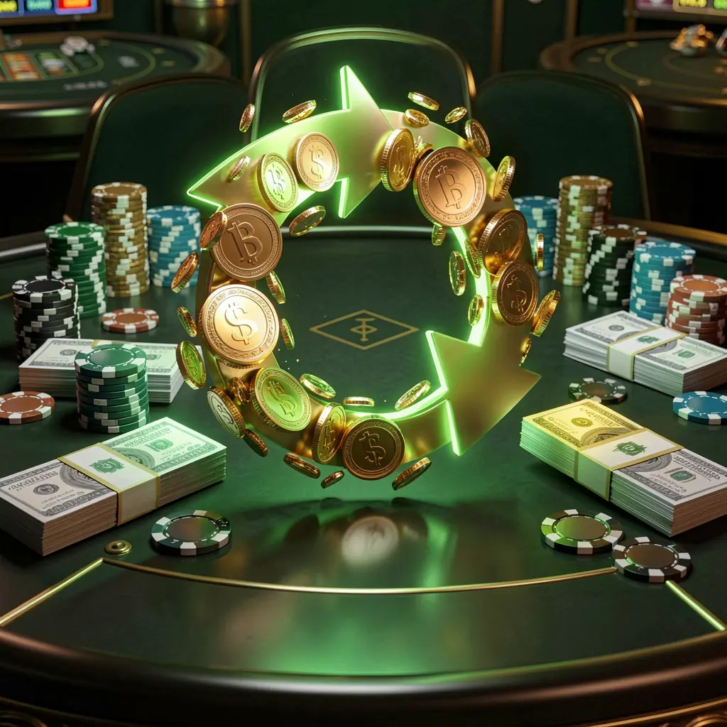 Visual bonus cashback kasino FJ 99 dengan koin emas yang kembali dalam gerakan panah melingkar, chip poker dan bundel uang tunai di atas meja gelap mengilap dengan aksen hijau dan emas bercahaya dalam gaya kasino online premium