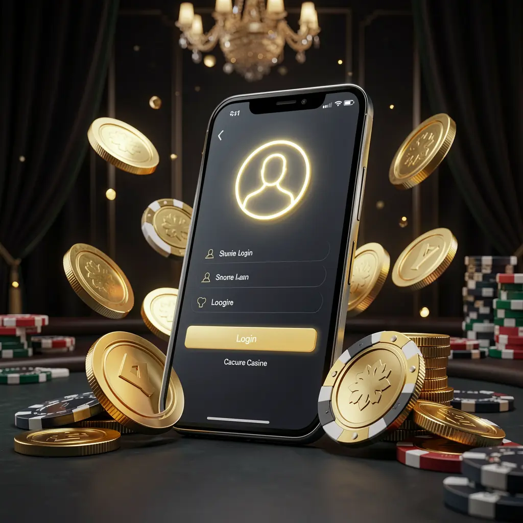 Banner utama halaman masuk kasino online FJ 99 yang menampilkan ponsel pintar modern dengan layar masuk aman, ikon profil pengguna bercahaya, koin emas dan chip poker di sekelilingnya pada latar belakang mewah gelap
