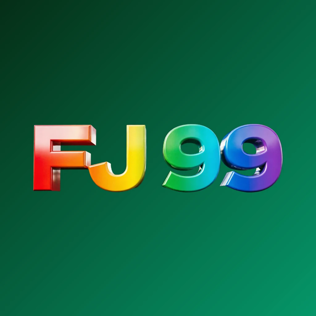 Logo 3D FJ 99 dengan font tebal berukuran besar dalam gradasi pelangi warna-warni dan tekstur plastik mengilap, menampilkan bayangan dan sorotan kuat pada latar belakang transparan, dirancang sebagai logo teks persegi panjang horizontal untuk header situs web