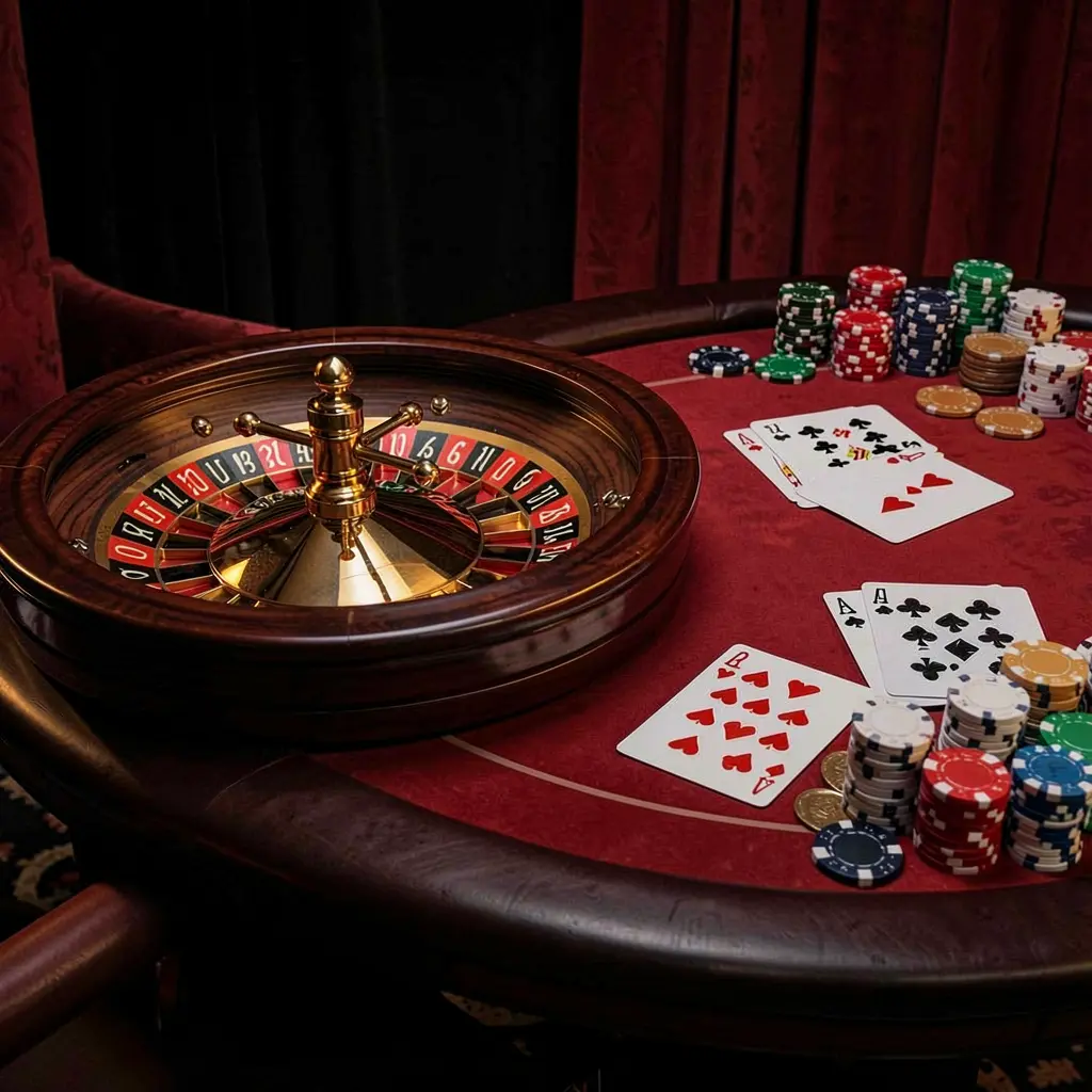Gambar utama platform kasino online FJ 99 yang menampilkan meja permainan elegan dengan roda rolet, kartu blackjack, chip poker, dan koin di bawah pencahayaan sinematik mewah dengan latar belakang hitam dan merah